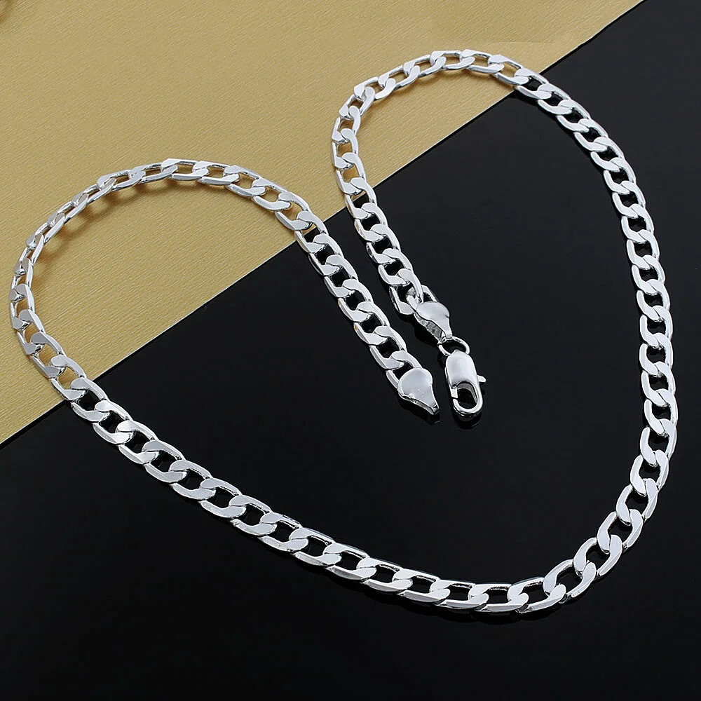 925 Sterling Silver 8mm Wide 16~24 inches Cuban Curb Link Chain Men Necklace