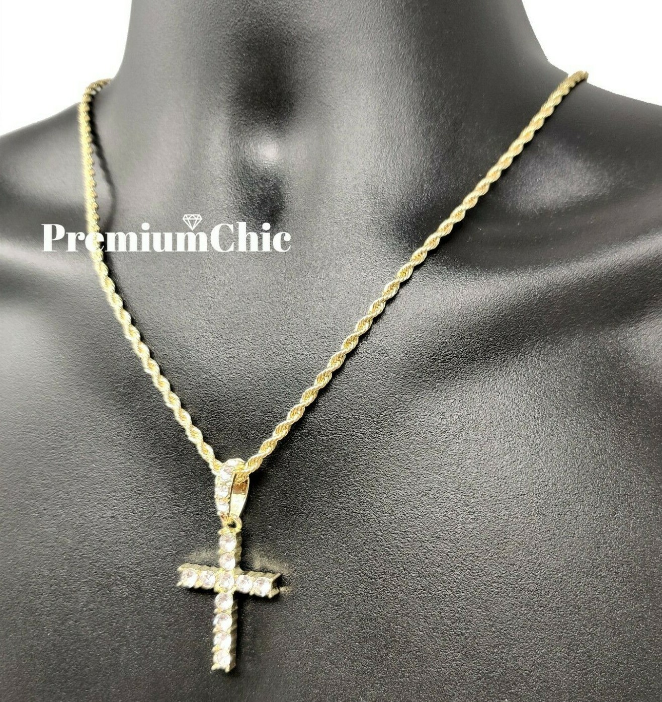 Iced Cross Pendant with 3MM Rope Chain Necklace Mens Hip Hop Plated CZ Jewelry