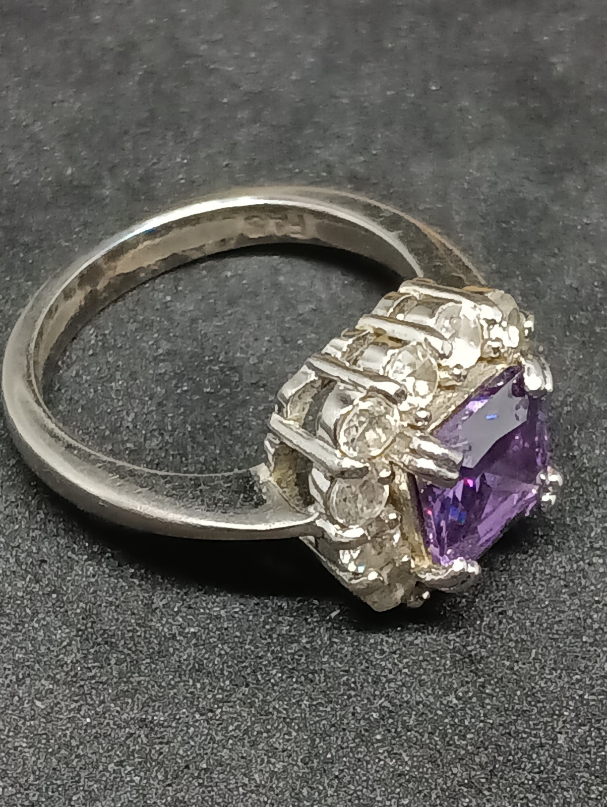 Vintage FAS 925 Sterling Silver Purple CZ Princess Cut Halo Cocktail Ring Size 7