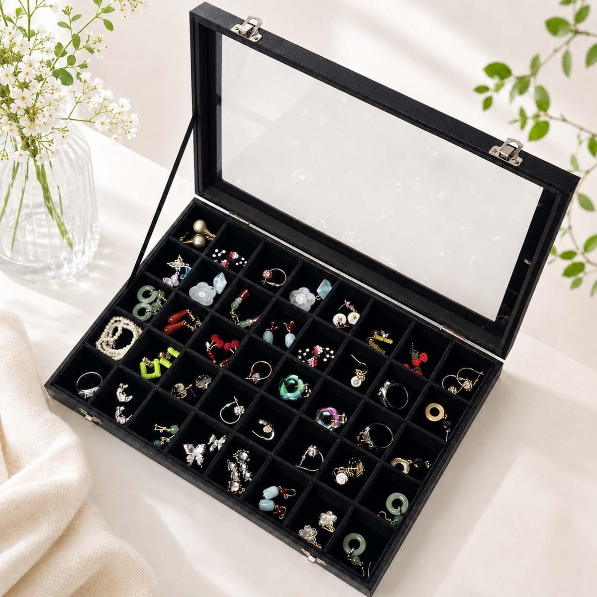 Black Velvet 40 Grid Earring Organizer Display Box with Transparent Lid Earring