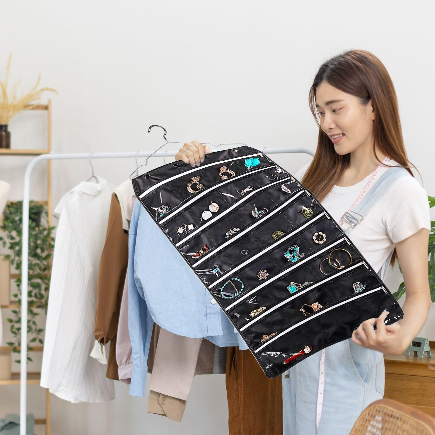 Hanging Jewelry Organizer with Zippered Pockets – (1 Pack) Black Closet Jewelry