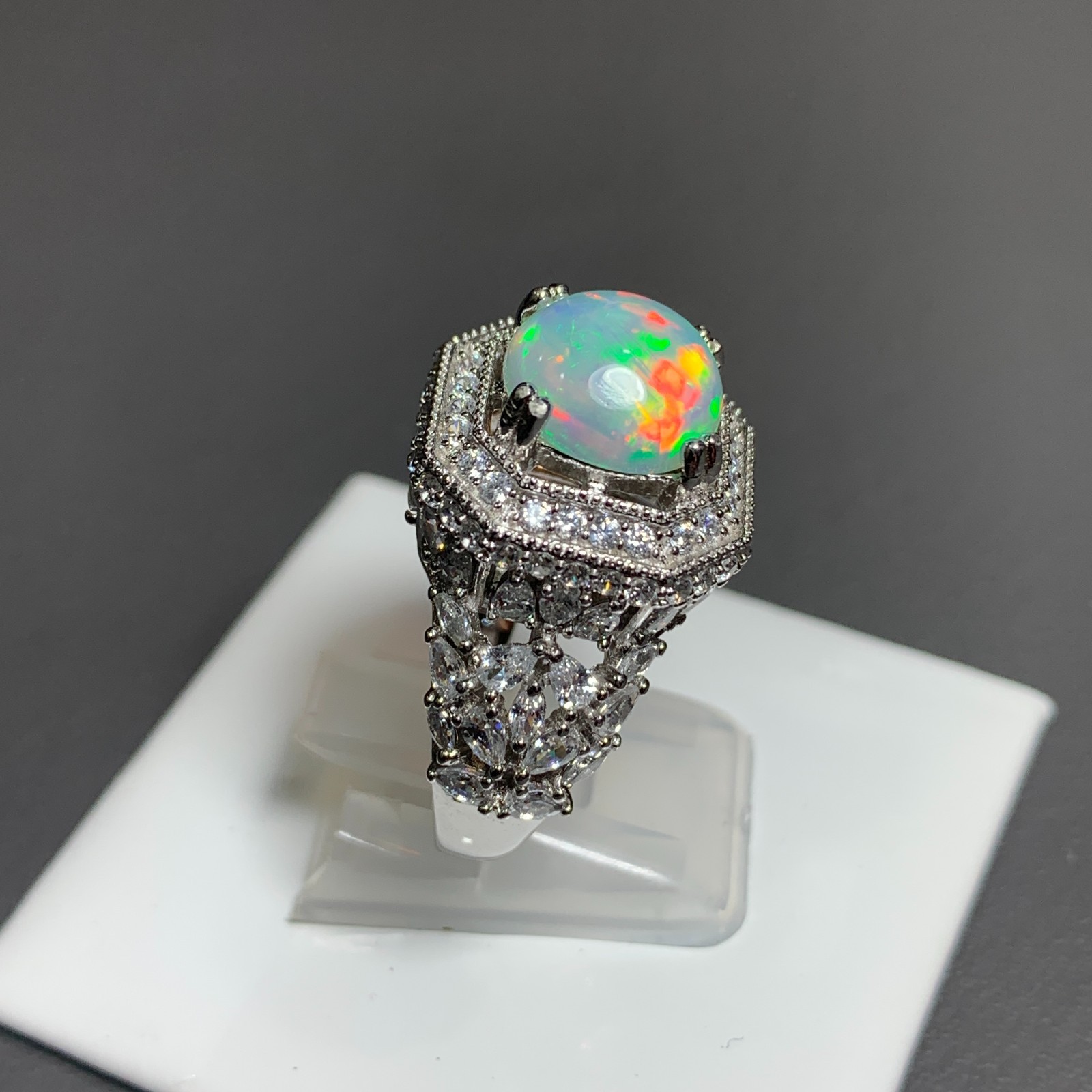 Natural 3.00 Ct Full Fire Ethiopian White Opal Designer 925 Silver Ring