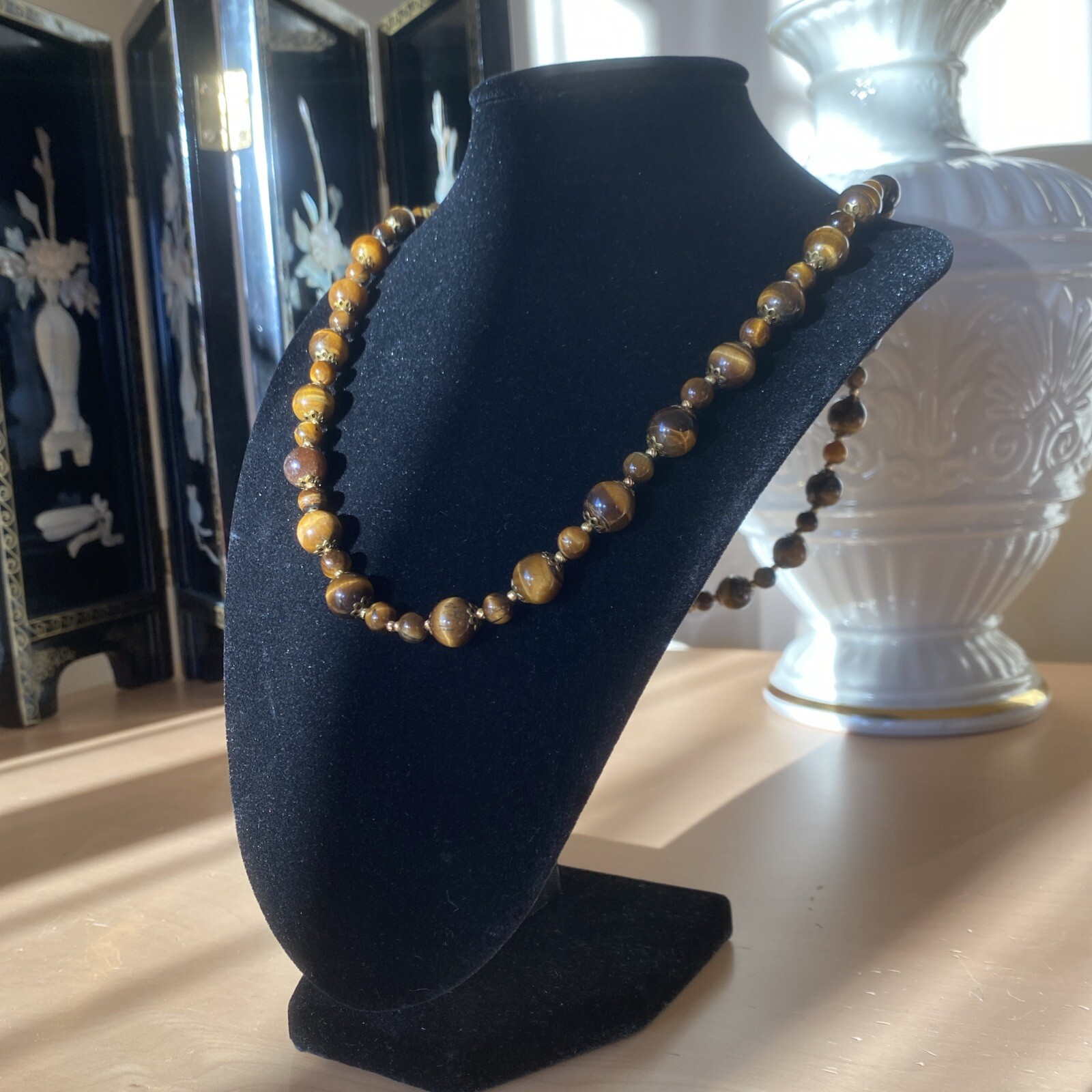 Vintage Tigers Eye Necklace Estate Fine Jewelry Pre-Owned Floral Filigree 25″