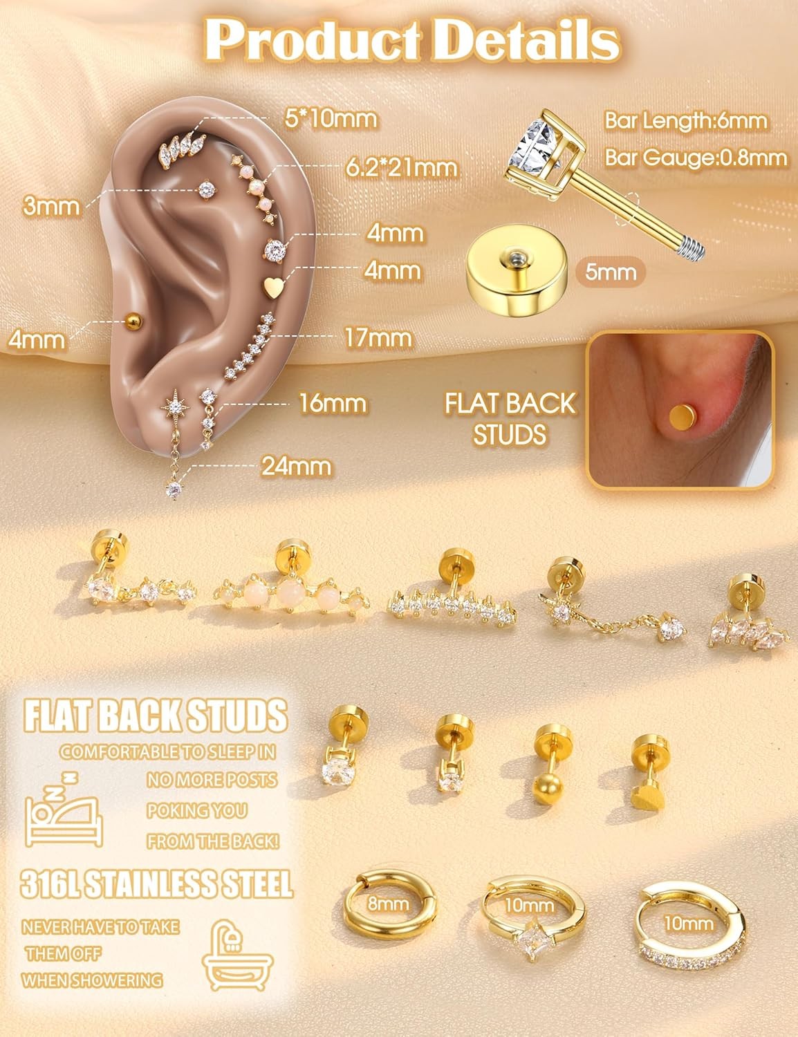 YADOCA 20G Helix Piercing Jewelry Flat back 20G=0.8MM, 14k Gold Plated