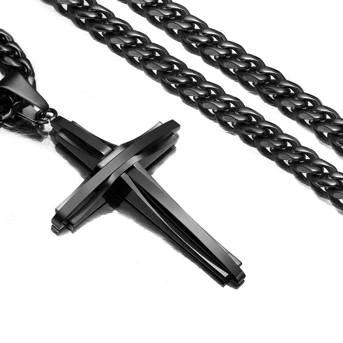 High Polished Stainless Steel Cross Pendant Necklace Cuban Link Chain 4Colors