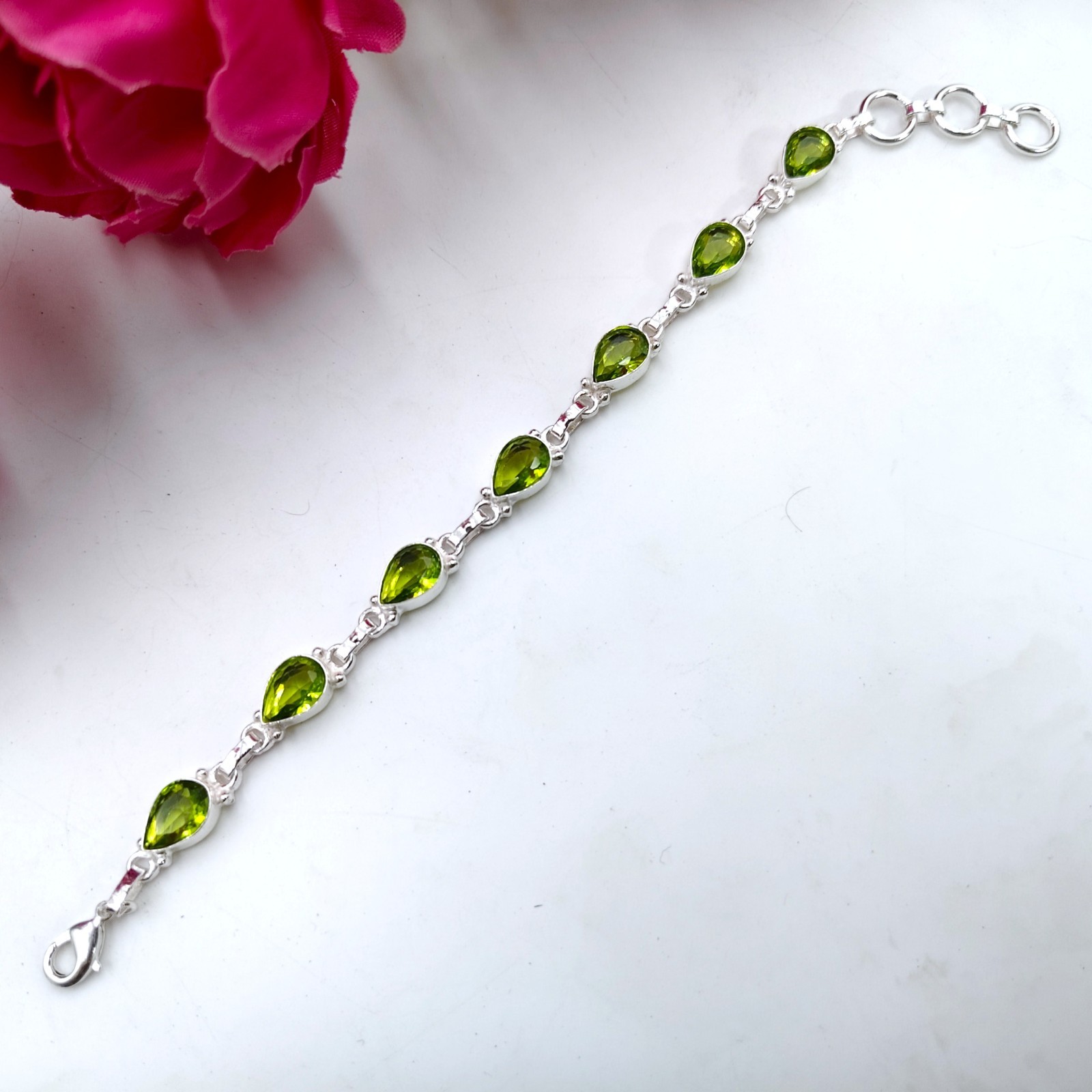 Green Peridot Gemstone Handmade 925 Sterling Silver Jewelry Bracelet Size-7-8″
