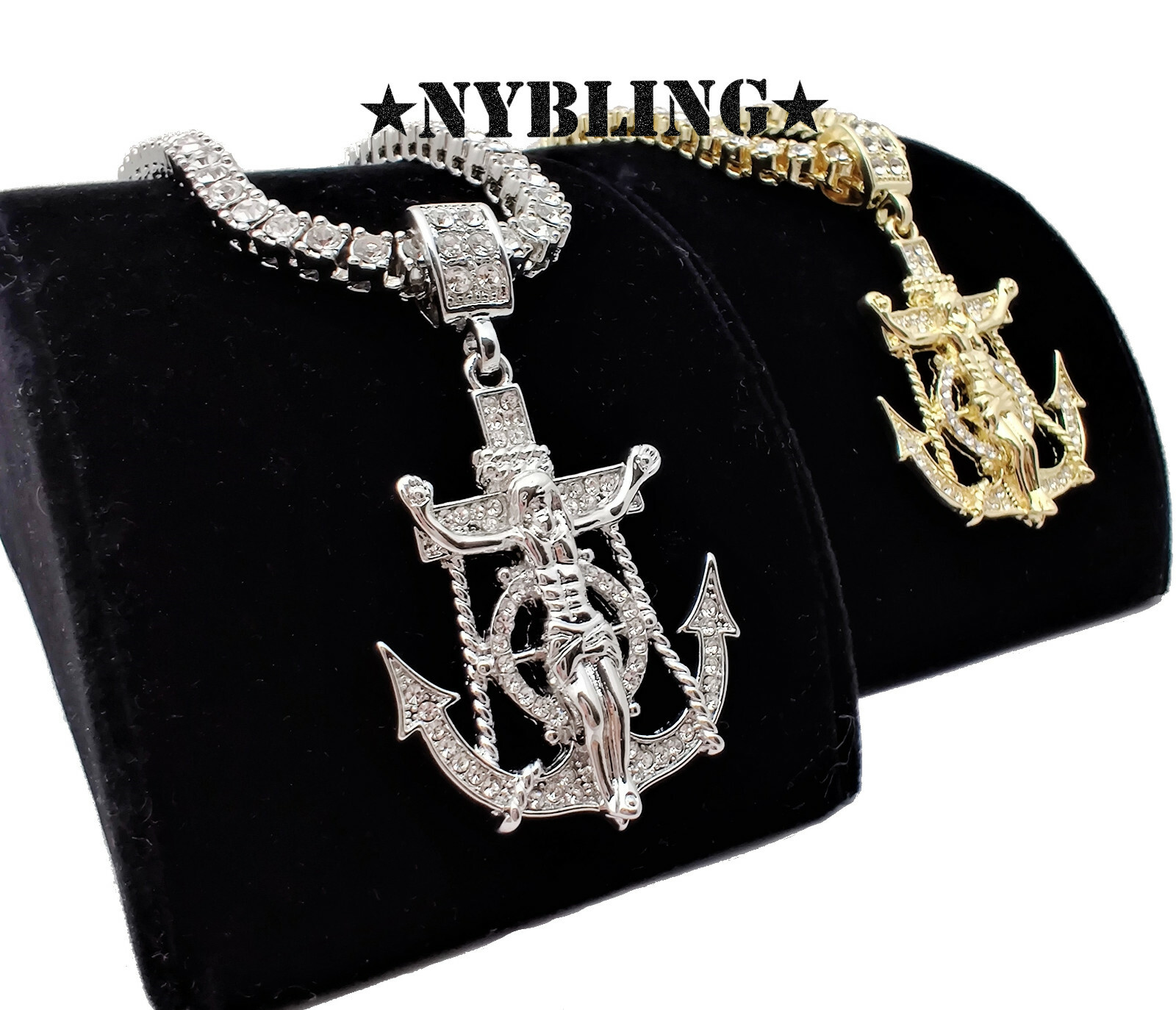 ICED Jesus Anchor Pendant with Tennis Chain Necklace Plated Hip Hop CZ Jewelry