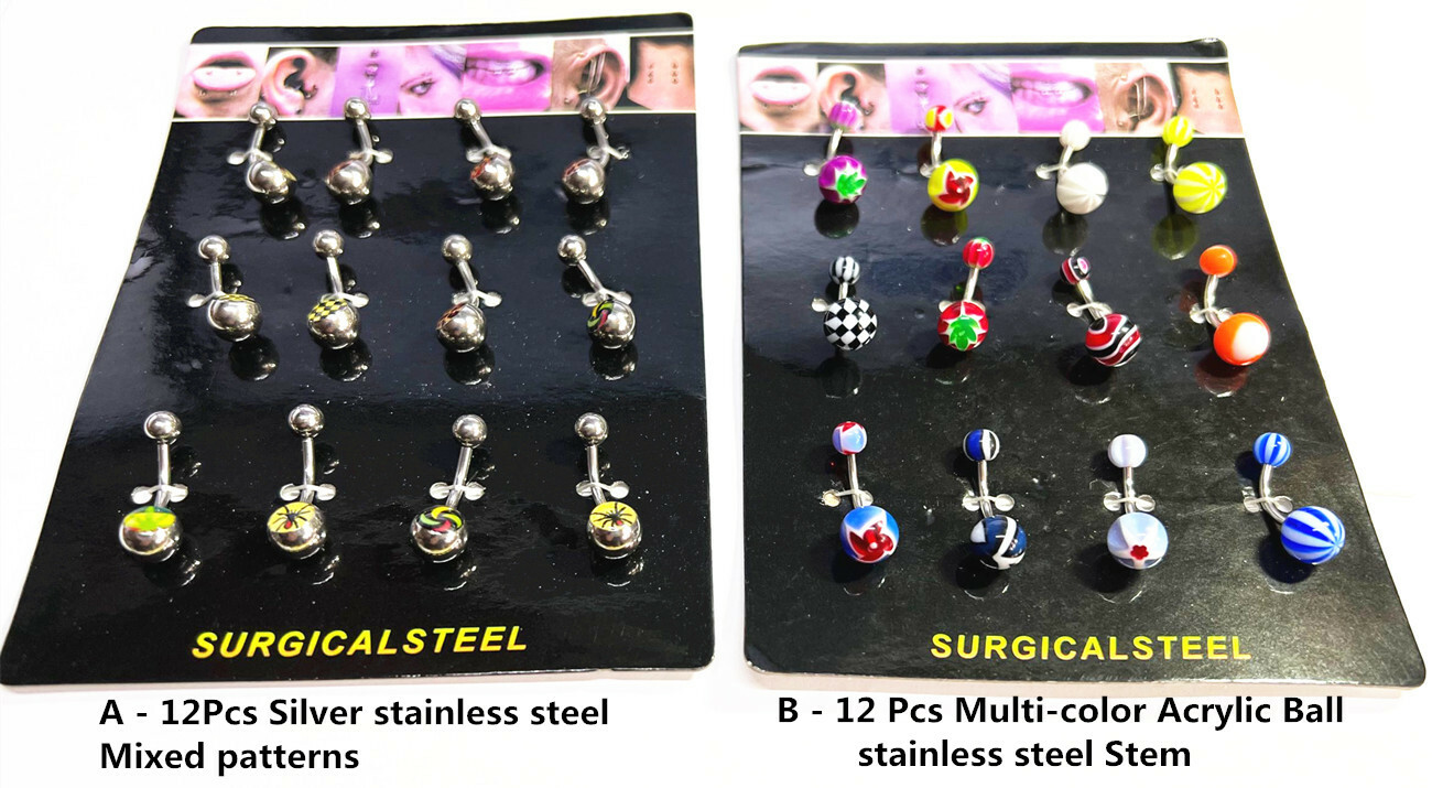 12 Pcs 316l Surgical Steel Mixed Assorted Ball Belly Navel Barbell Body Piercing