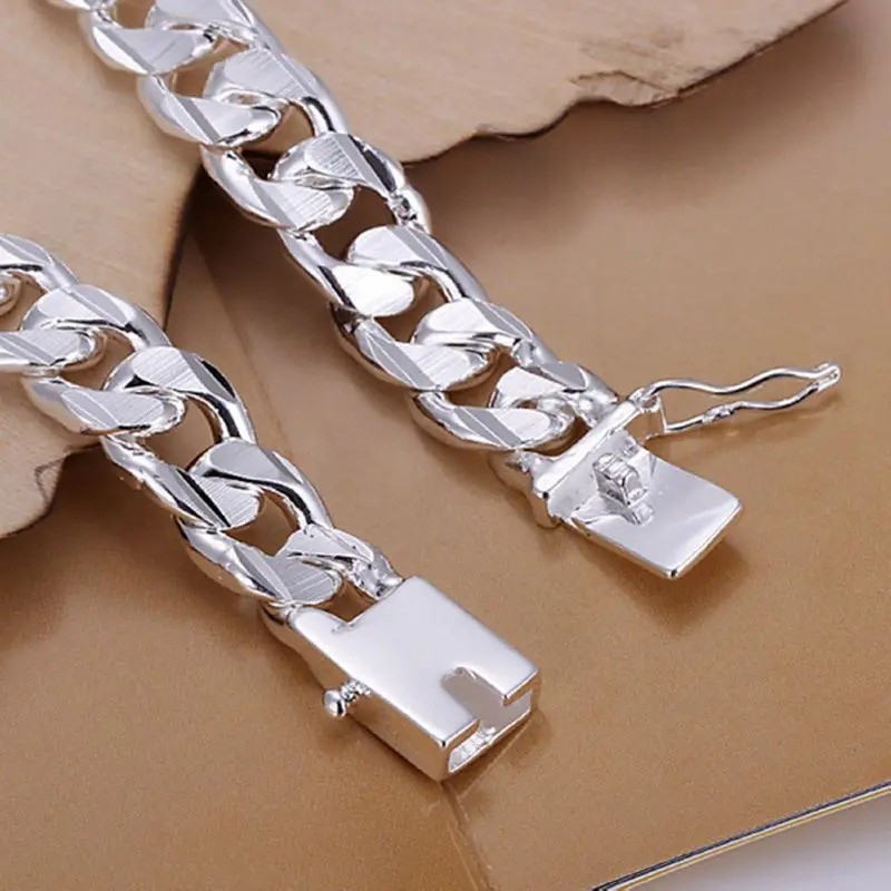 925 Sterling Silver Color Bracelet for Men Jewelry Heavy Thick Cuban Link Chain*