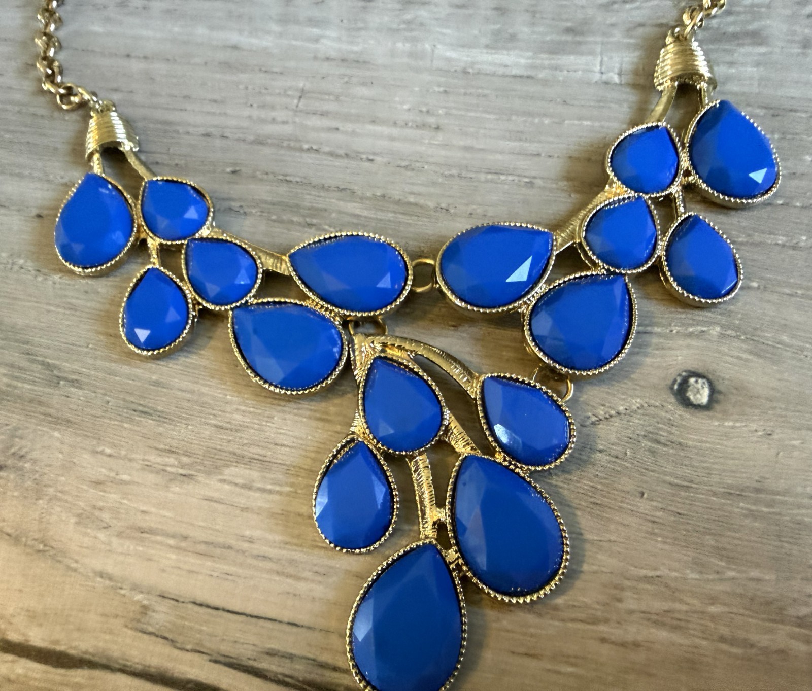 BaubleBar Gold Tone Blue Statement Bib Necklace Faceted Teardrop Adjustable