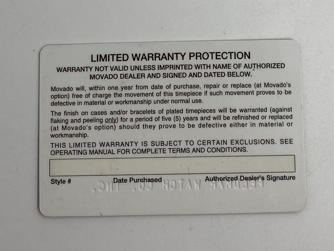 Movado One Year International Watch Warranty Blank Card