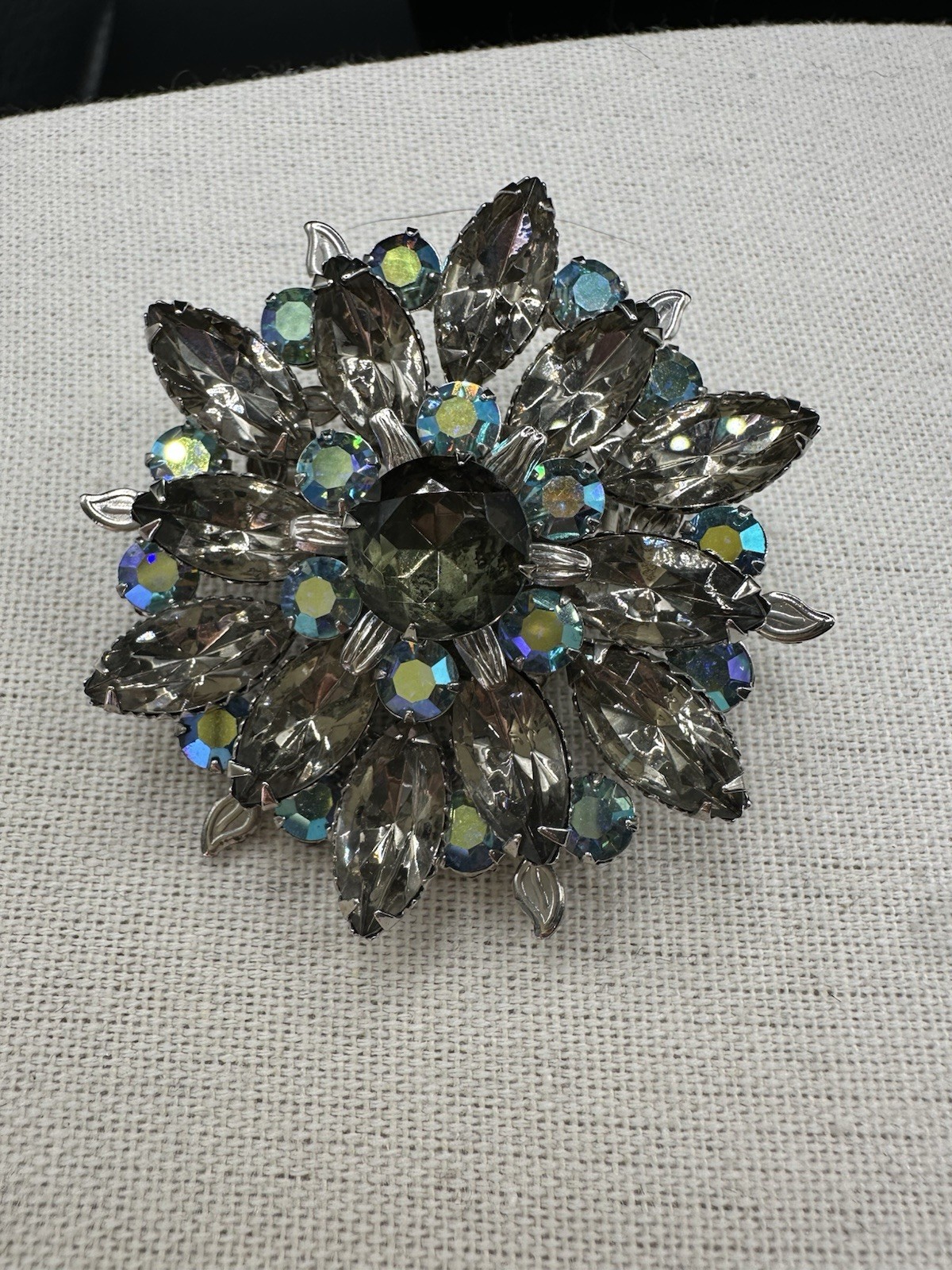 Vintage Unsigned Smoky Gray Navette Rhinestones and Blue Aurora Borealis Brooch