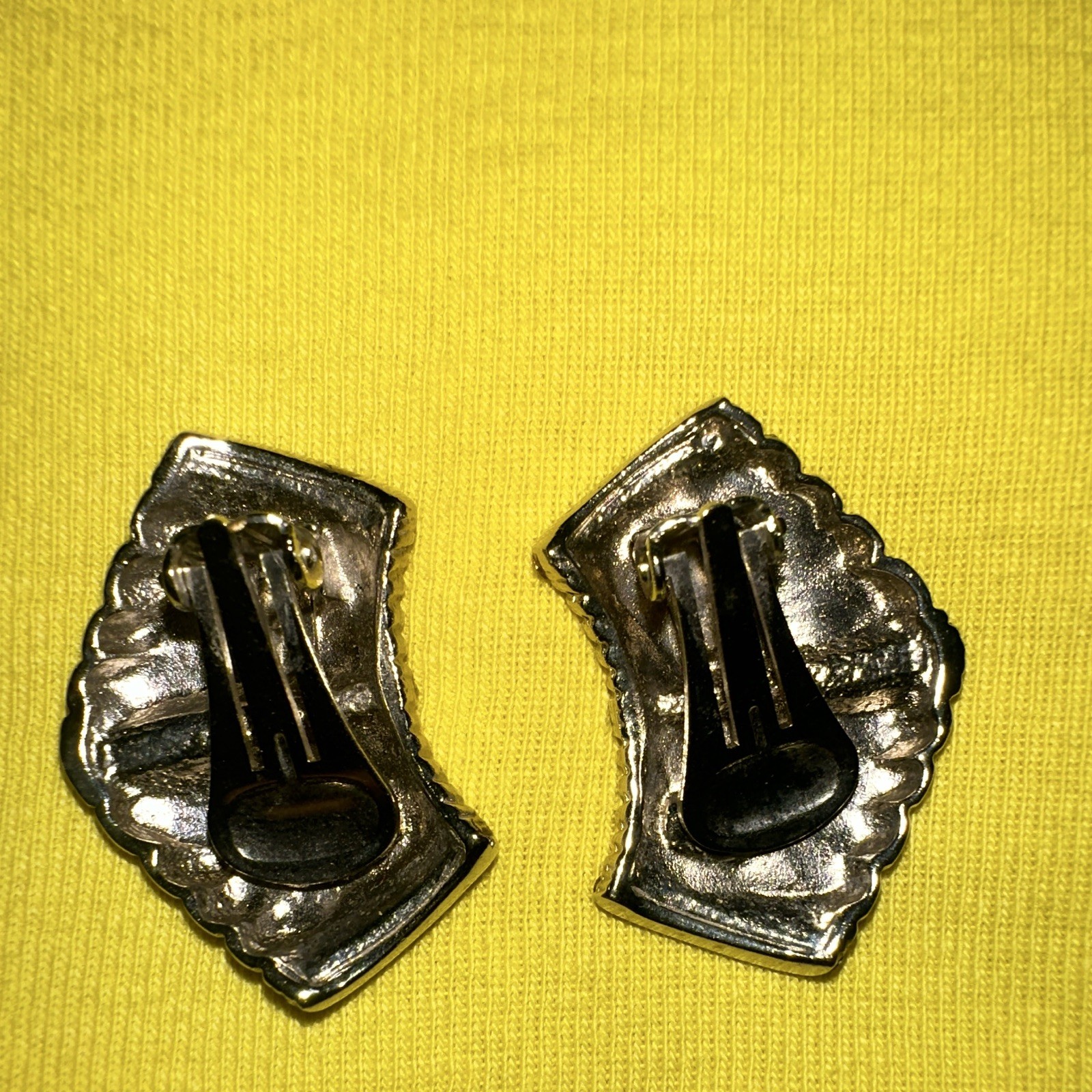 Gold Tone Black Enamel Asymmetrical Round Rhinestone Clip-On Cuff Earrings