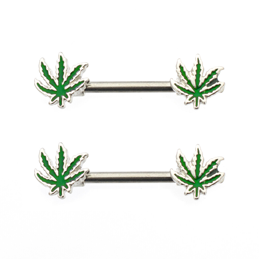 Nipple Barbells with Forward Facing Pot Leaf Design 14ga Sold as a Pair Surgical