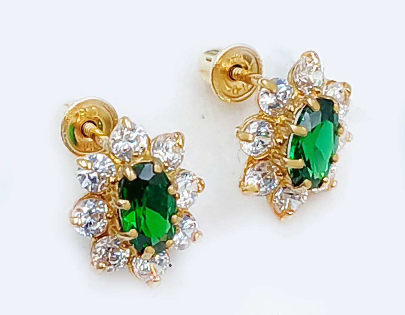 LAB CREATED EMERALD & WHITE SAPPHIRE STUD FLOWER EARRINGS 14K GOLD – Screw Back