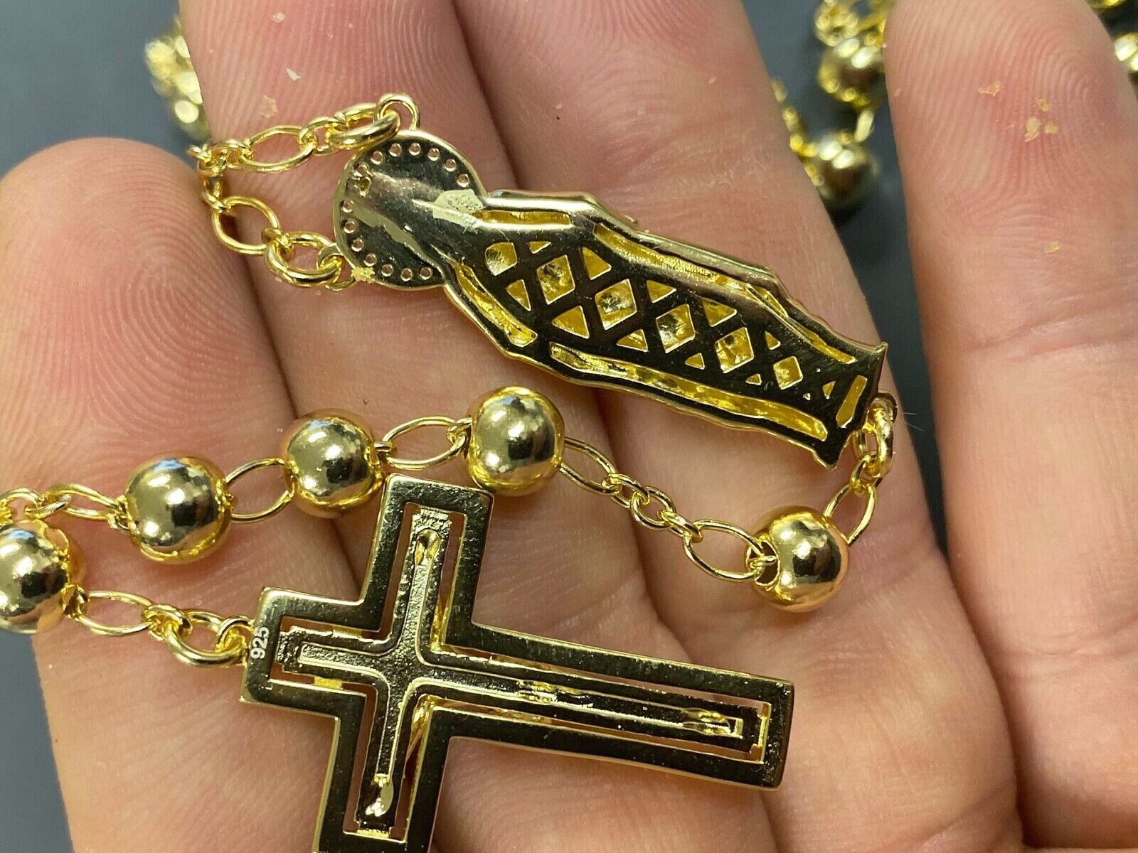 MOISSANITE Rosary Beads Necklace 14k Gold Plated 925 Silver Rosario Jesus 30″