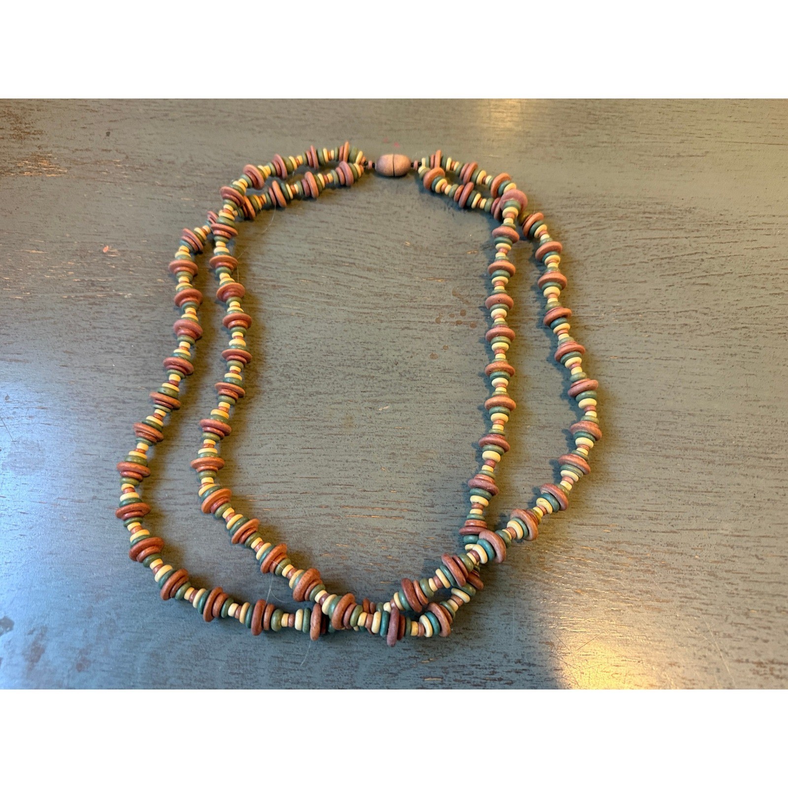 Vintage Earth Tone Double Strand Beaded Necklace Boho Terracotta Green Orange