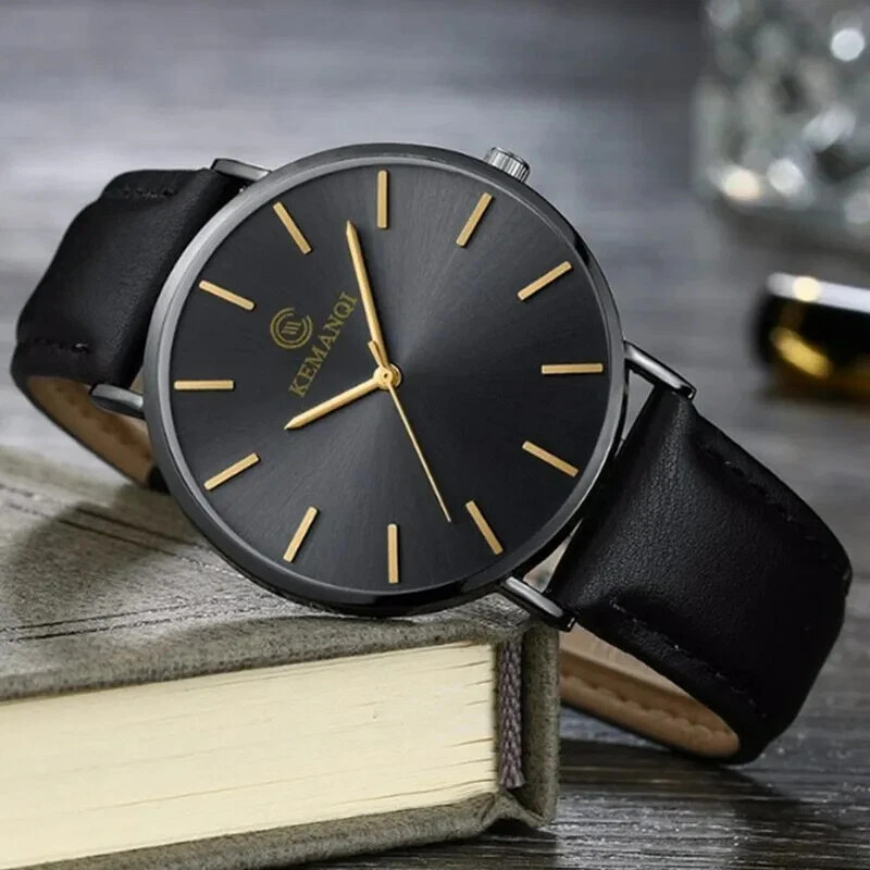 Men Trendy Ultra Thin Minimalist Watch Slim Leather Strap Stainless Steel Quartz