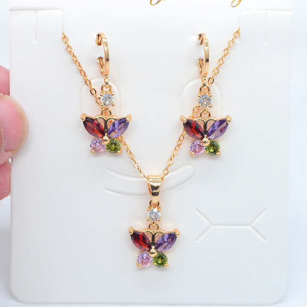 18K Yellow Gold Filled Women Multicolor Topaz Cute Butterfly Jewelry Set