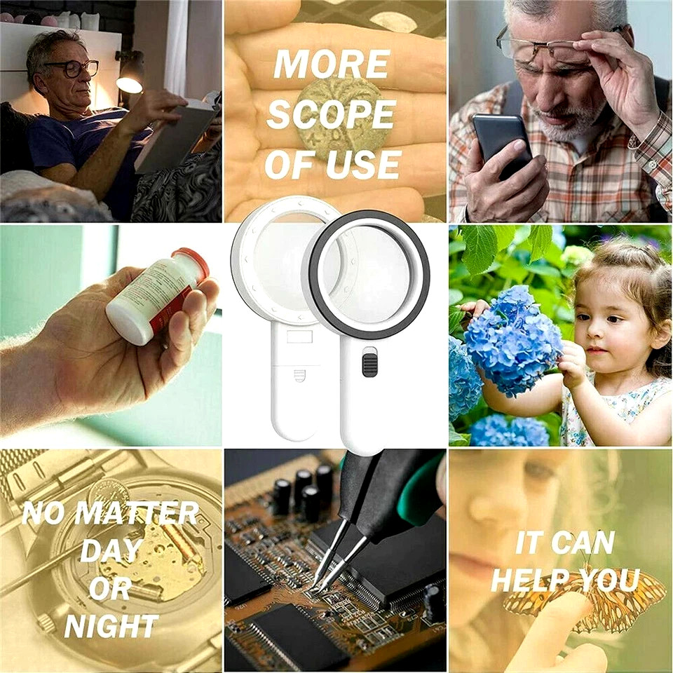 30X Jumbo Handheld Magnifying Glass w/ 12 Bright LED Light Illuminated Magnifier