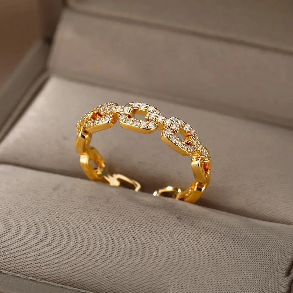 Gold stainless steel chain ring Zirconia Pave Fashion Fine Womens Jewelry Gift