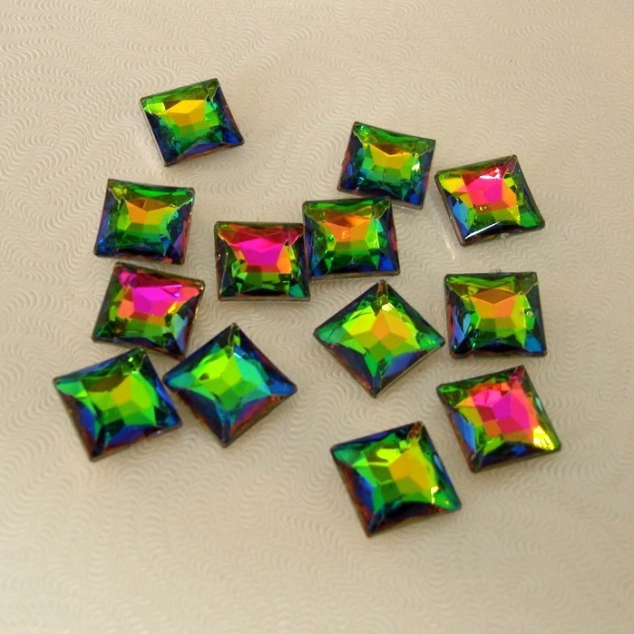 10pcs-Vintage Acrylic Vitrail Faceted Foiled Pointed Back Square Rhinestone.