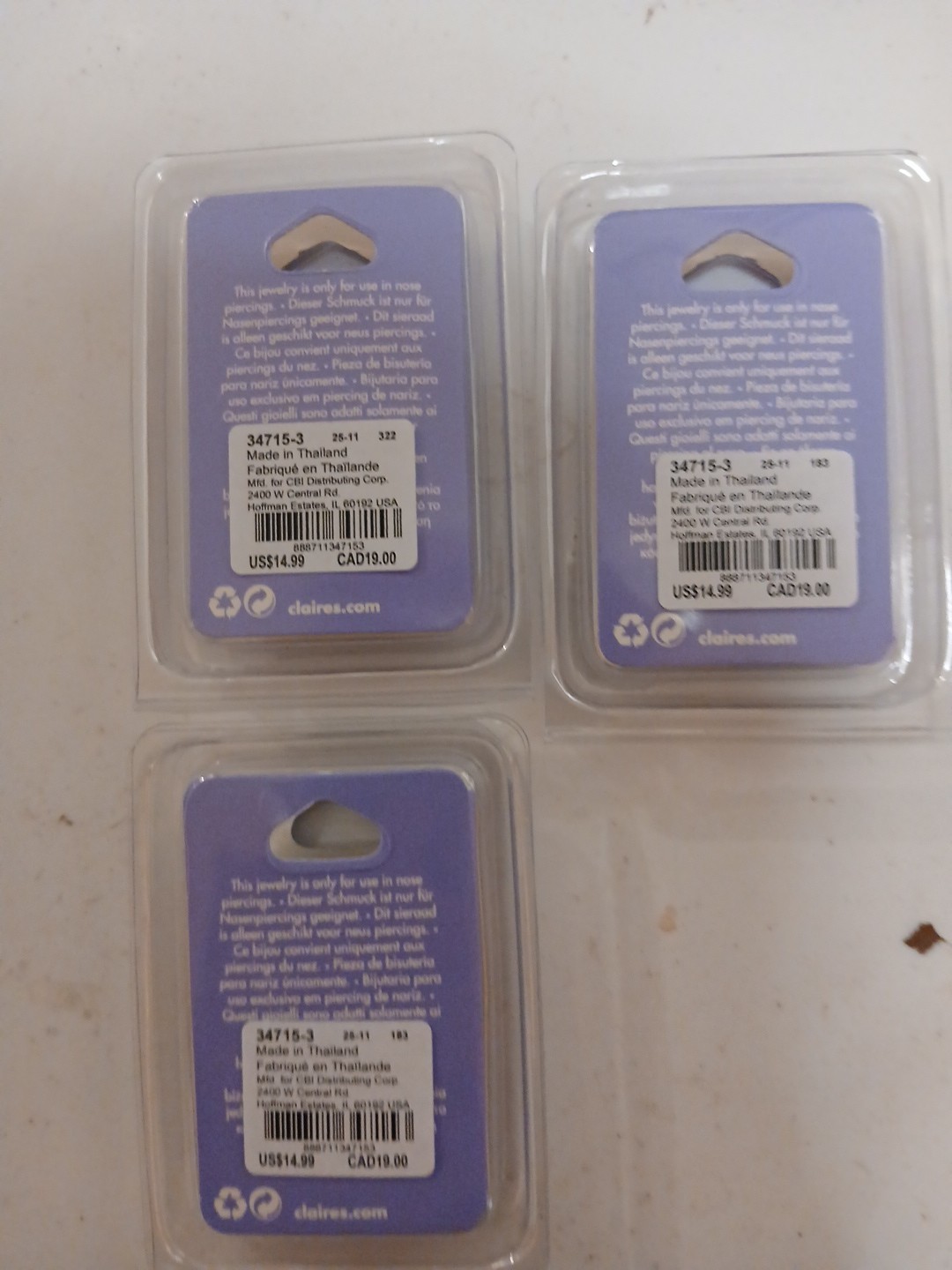 Lot Of (3) Claire’s Jewelry Nose Rings 20g/0.8mm. MSRP $45 Great For Resale! NWT