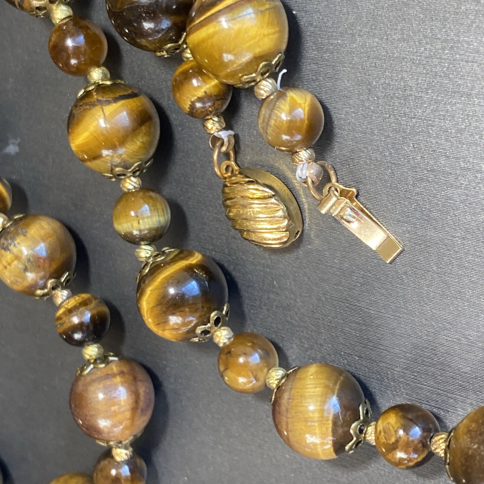 Vintage Tigers Eye Necklace Estate Fine Jewelry Pre-Owned Floral Filigree 25″