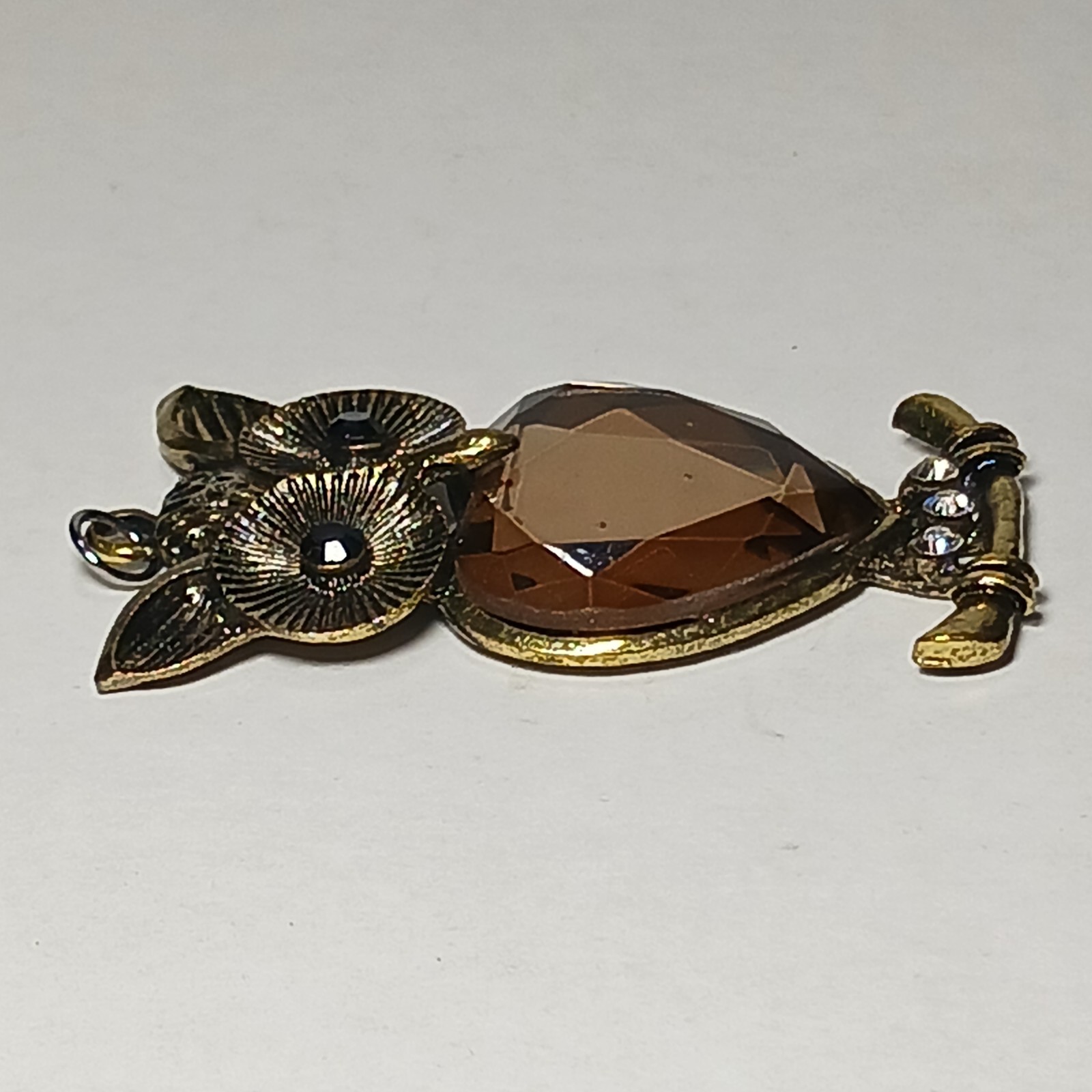 Owl Pendant Large Eyed Heart Shape Foil Back Glass Rhinestone Belly VTG Jewelry
