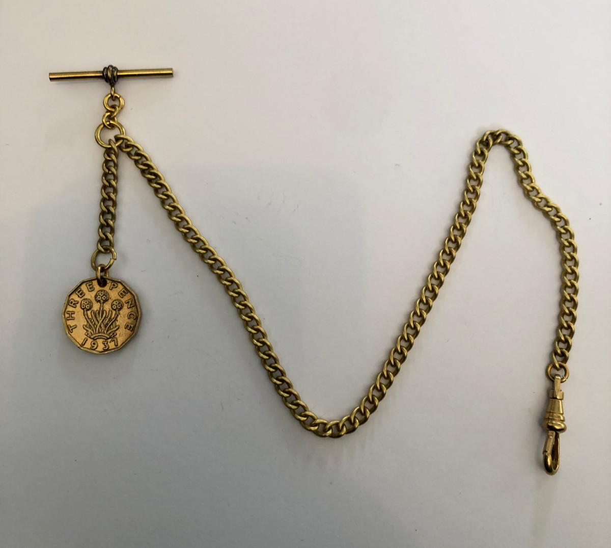 vintage type solid brass single albert pocket watch chain three pence 3d fob