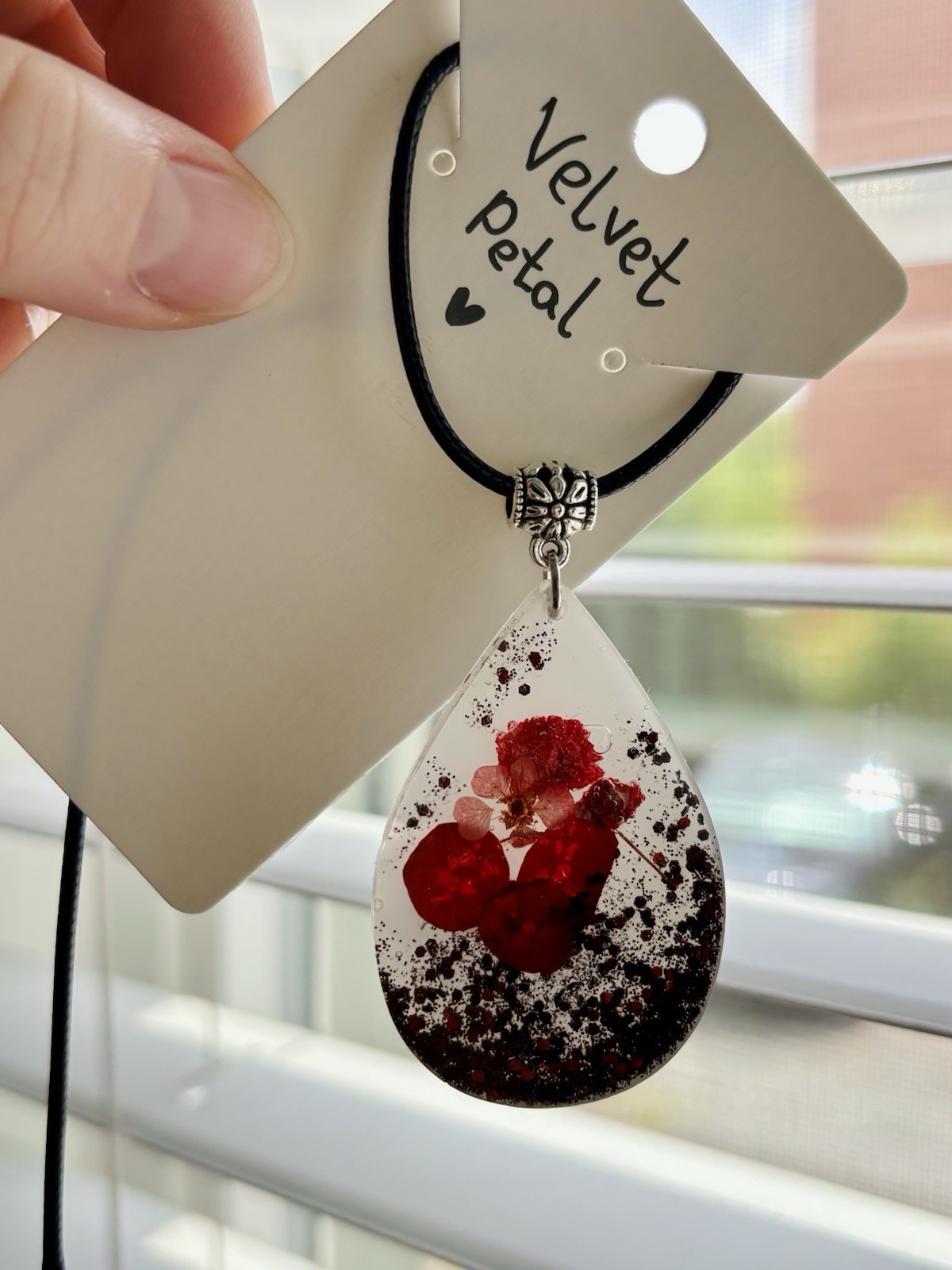 Velvet Petal Resin Necklace Handmade Real Flower Red Glitter Teardrop Pendant