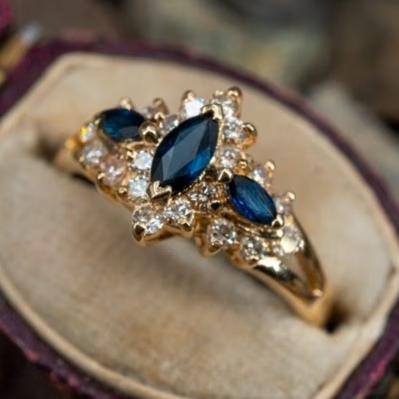 Beautiful Gold Plated Sapphire & Cubic Zirconia Ring, Size 9. FREE SHIP IN USA!