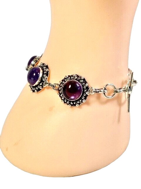 Amethyst Gemstone Bracelet Silver Chain Link Handmade 16.4 grams 7 inch