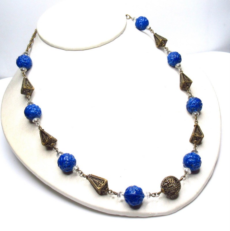 Art Deco Neiger Carved Lapis Glass Necklace