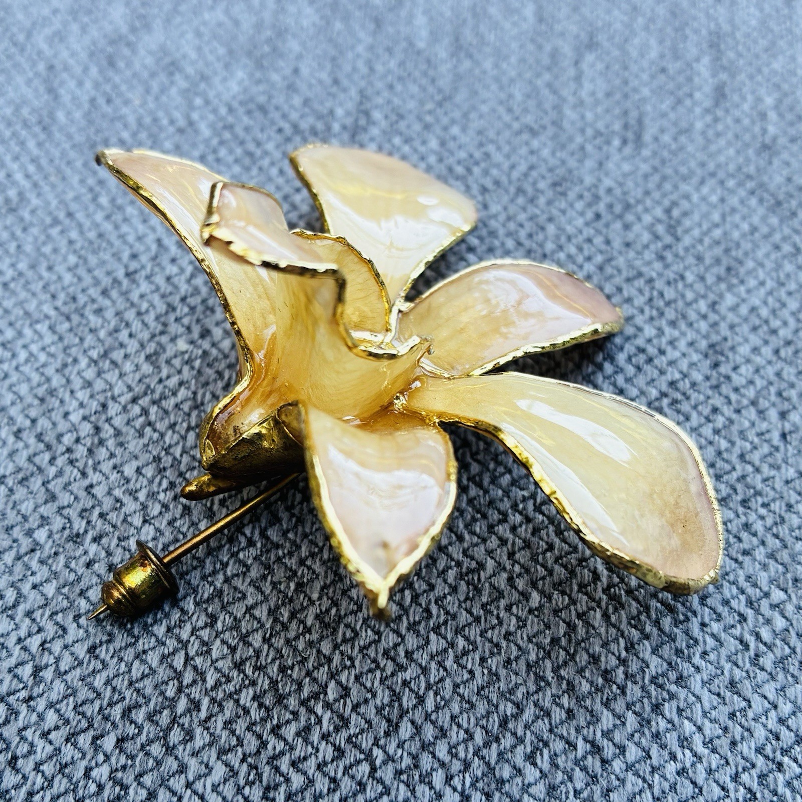 1980’s Vintage Natural Preserved Orchid Brooch Lapel Pin 24k gold plate.