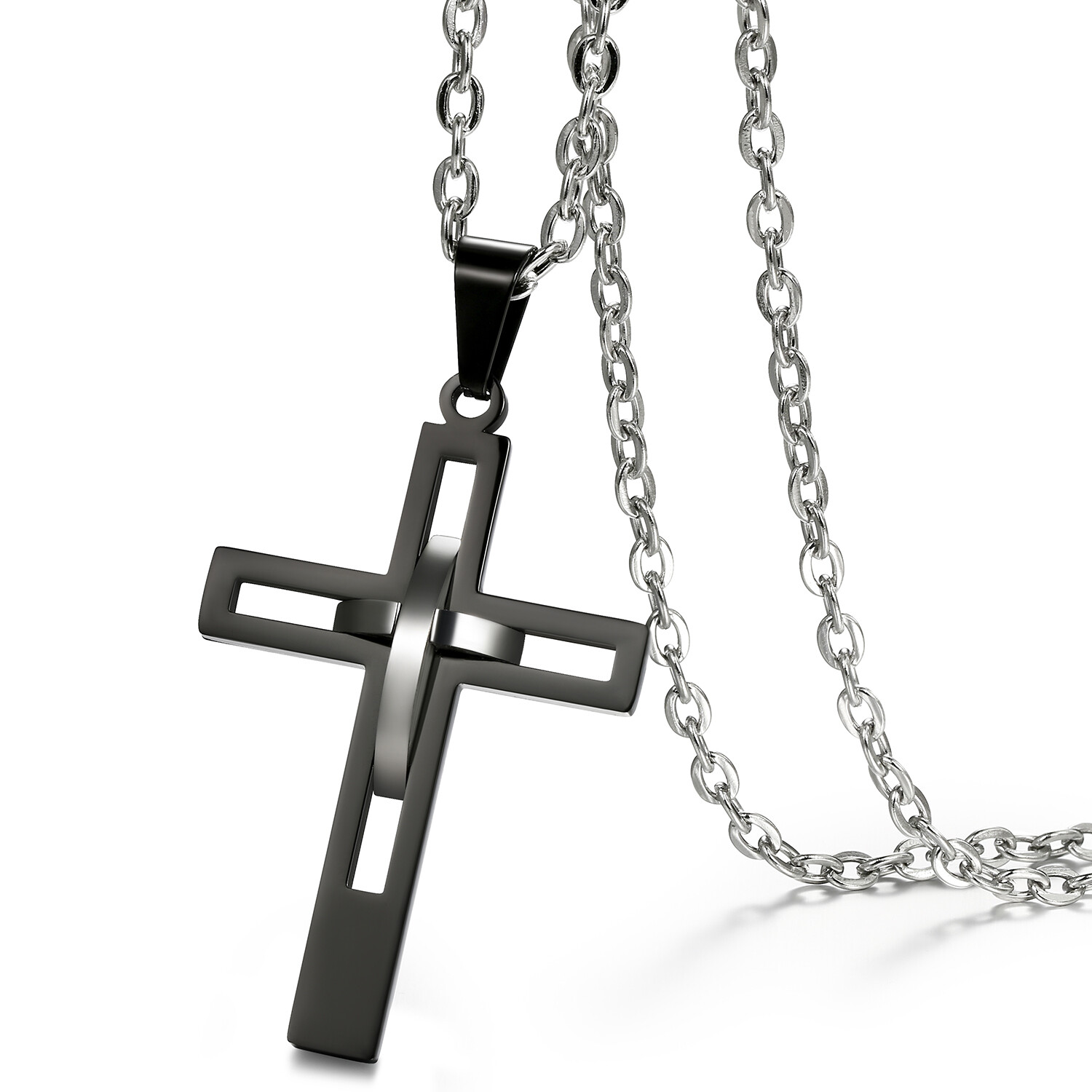 Men’s Black Silver Double Hollow Cross Stainless Steel Pendant Necklace Gift