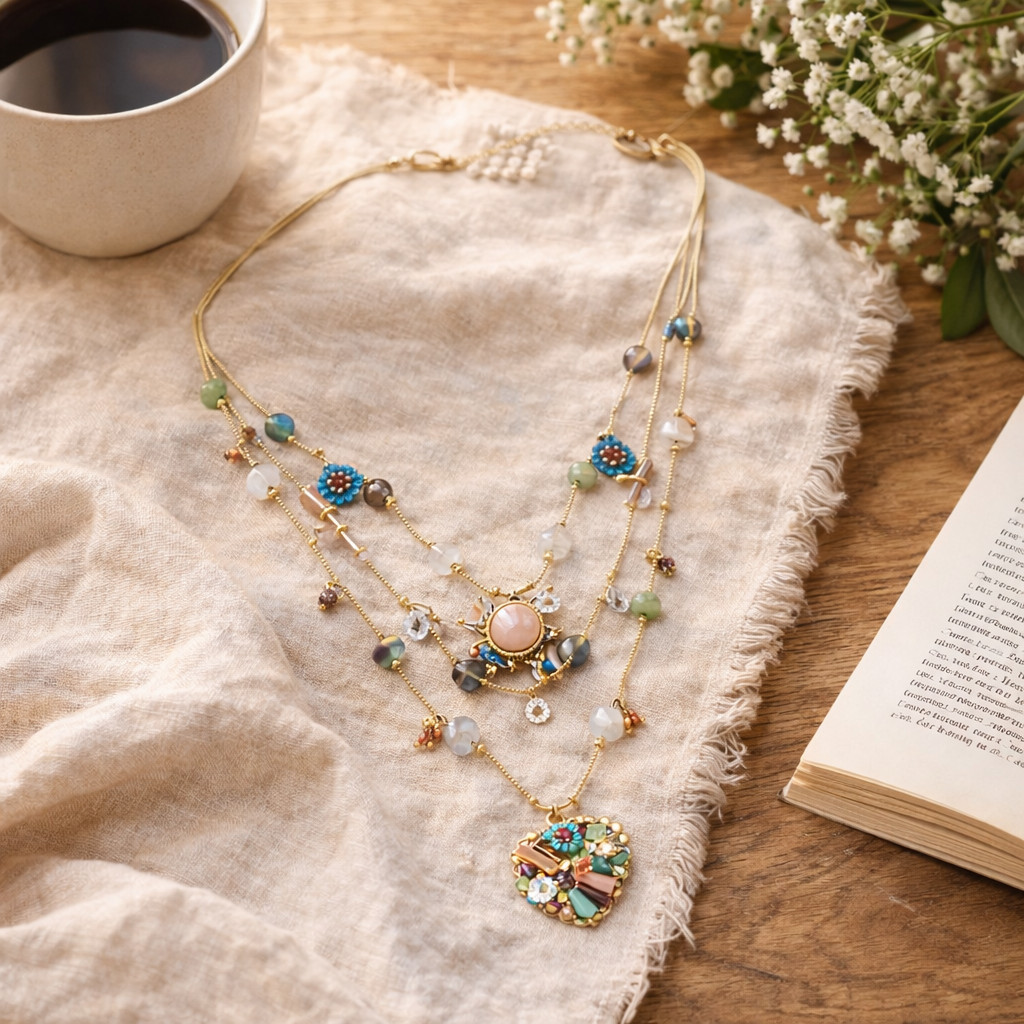 Betsey Johnson Layered Necklace Women Multicolor Charm Pendant Boho