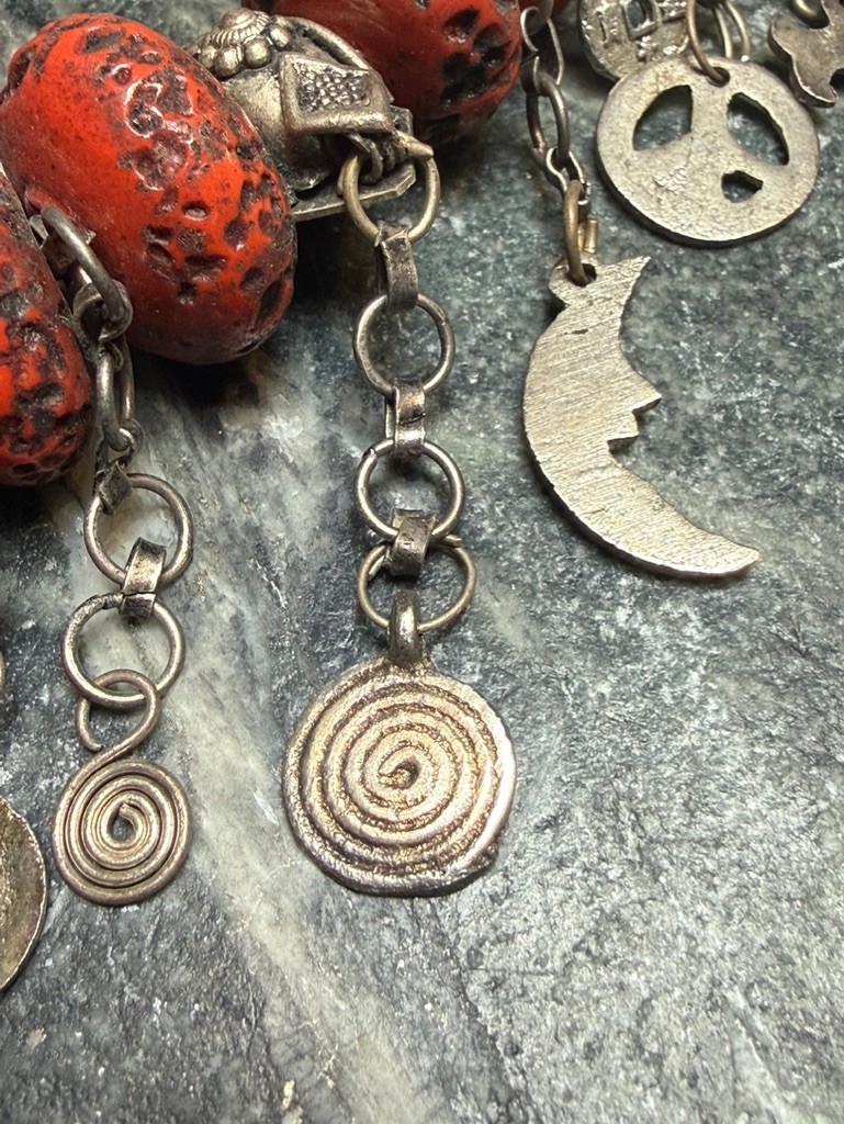 Vintage Morocco Faux Coral Bead and Silver Dangle Necklace