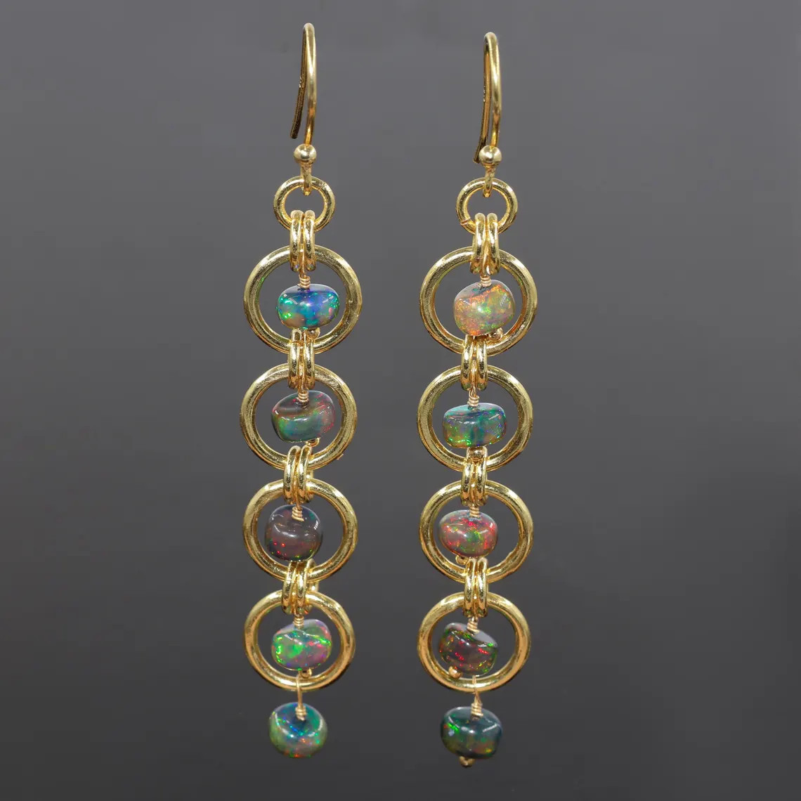 Black Ethiopian opal Chain link dangle handmade Earrings jewelry Gift 18k gold