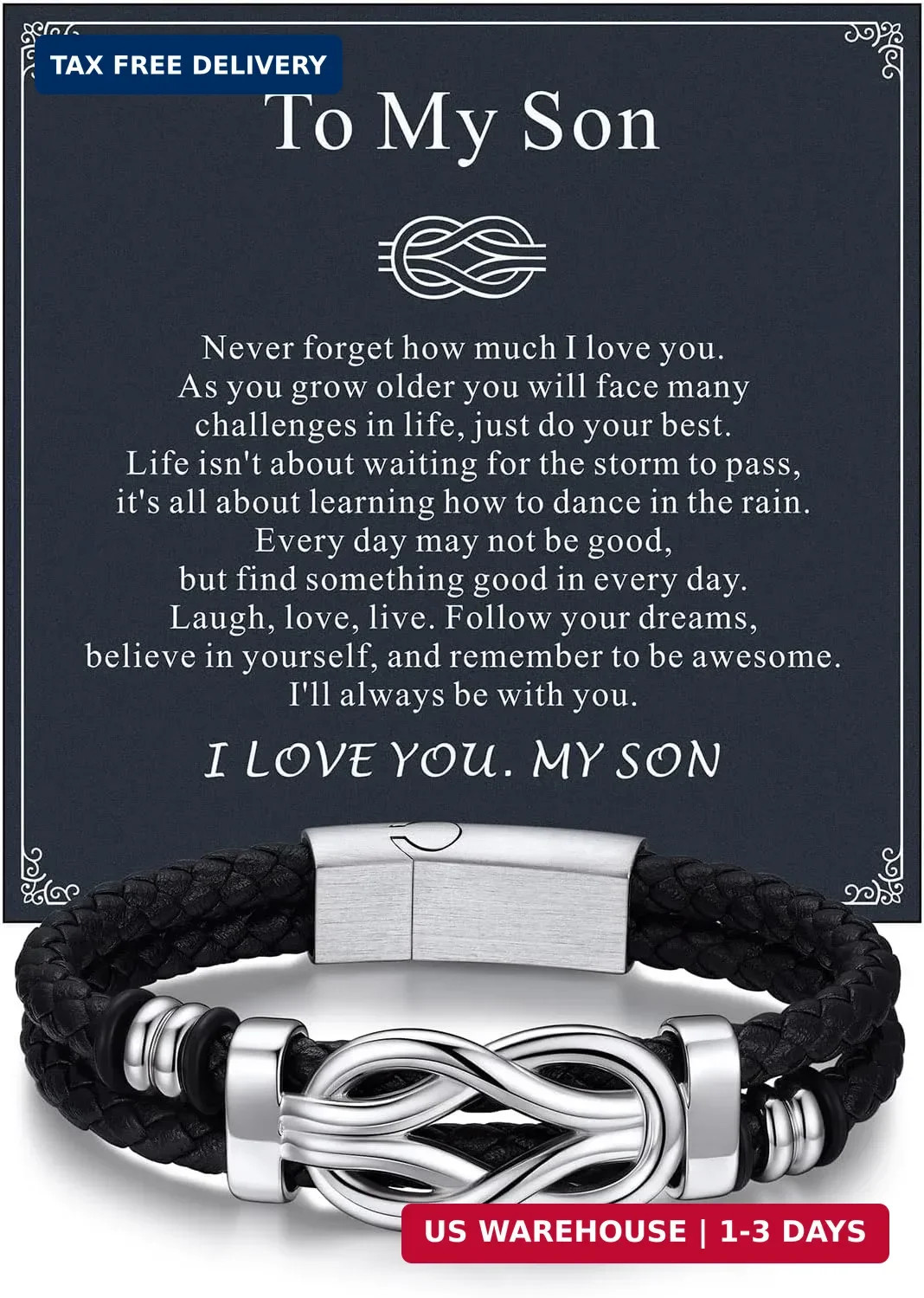 Infinity Love Knot Bracelet for Men Black Leather Love Link Cuff Bracele