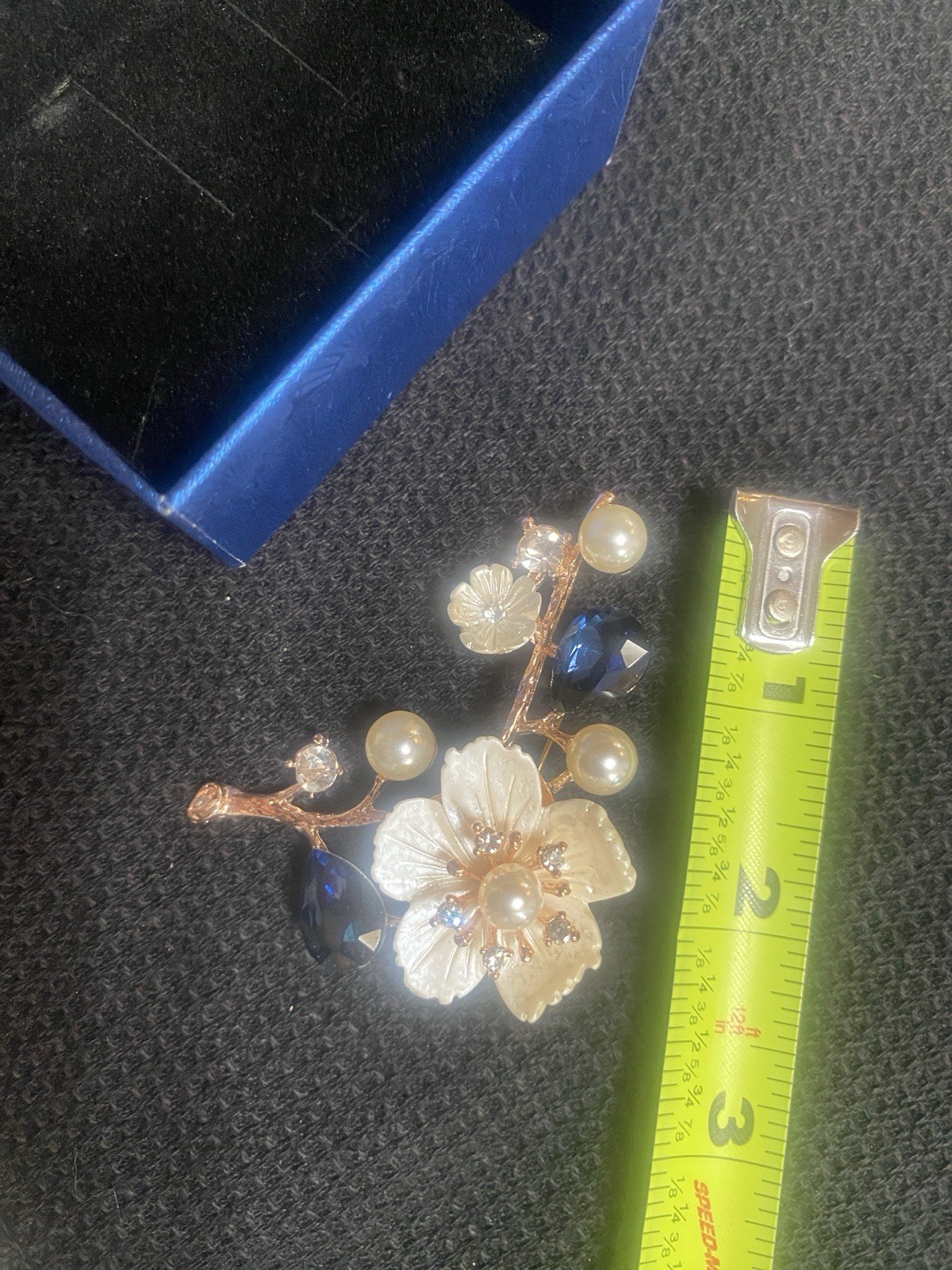 Gold Tone Flower Branch Brooch Pin Faux Pearl White & Blue Crystal 2.5” NWB