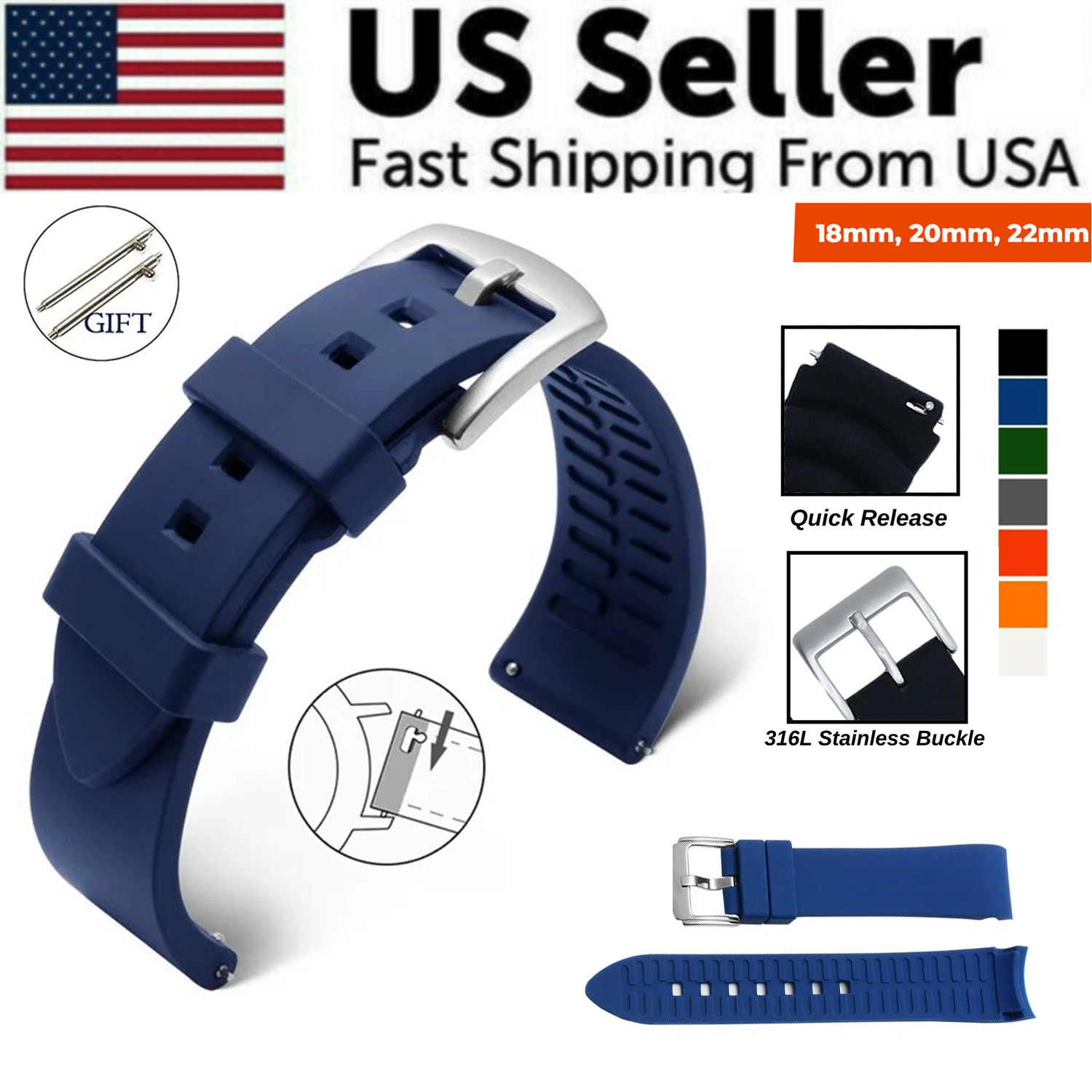 18mm 20mm 22mm Soft Silicone Watch Band Divers Replacement Strap Quick Release
