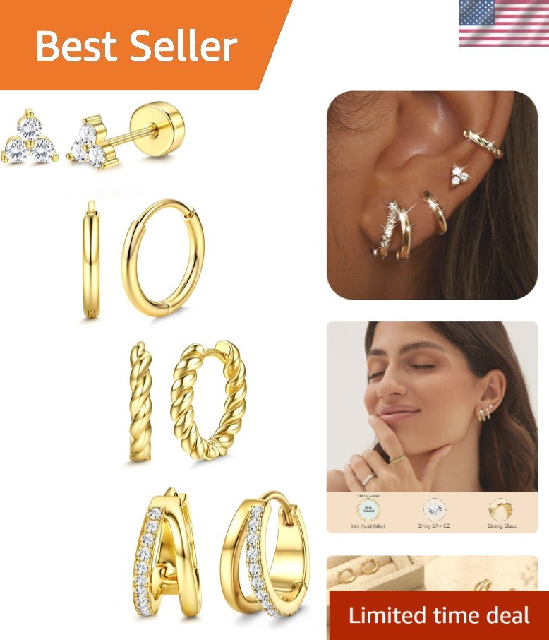 14K Gold Plated Dainty Huggie & Stud Earrings Set for Sensitive Ears – 4 Pairs