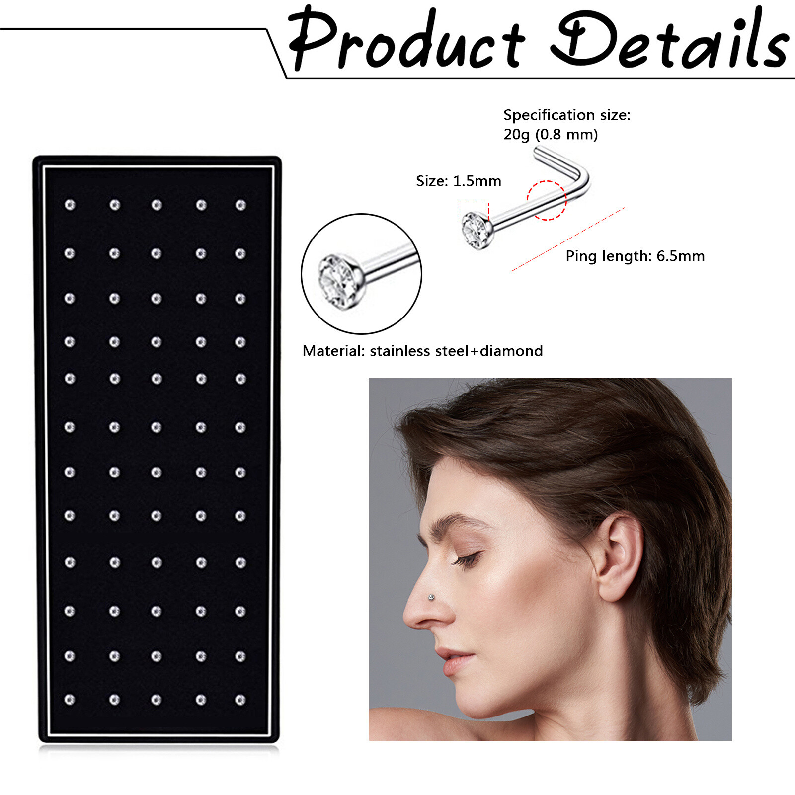 60Pcs 20G L-Shaped CZ Nose Rings Bone Stud Stainless Steel Body Piercing Jewelry