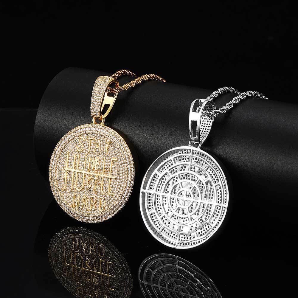 Hip Hop Big Round Letter Pendant Necklace Bling Full Zircon Real Gold Plated