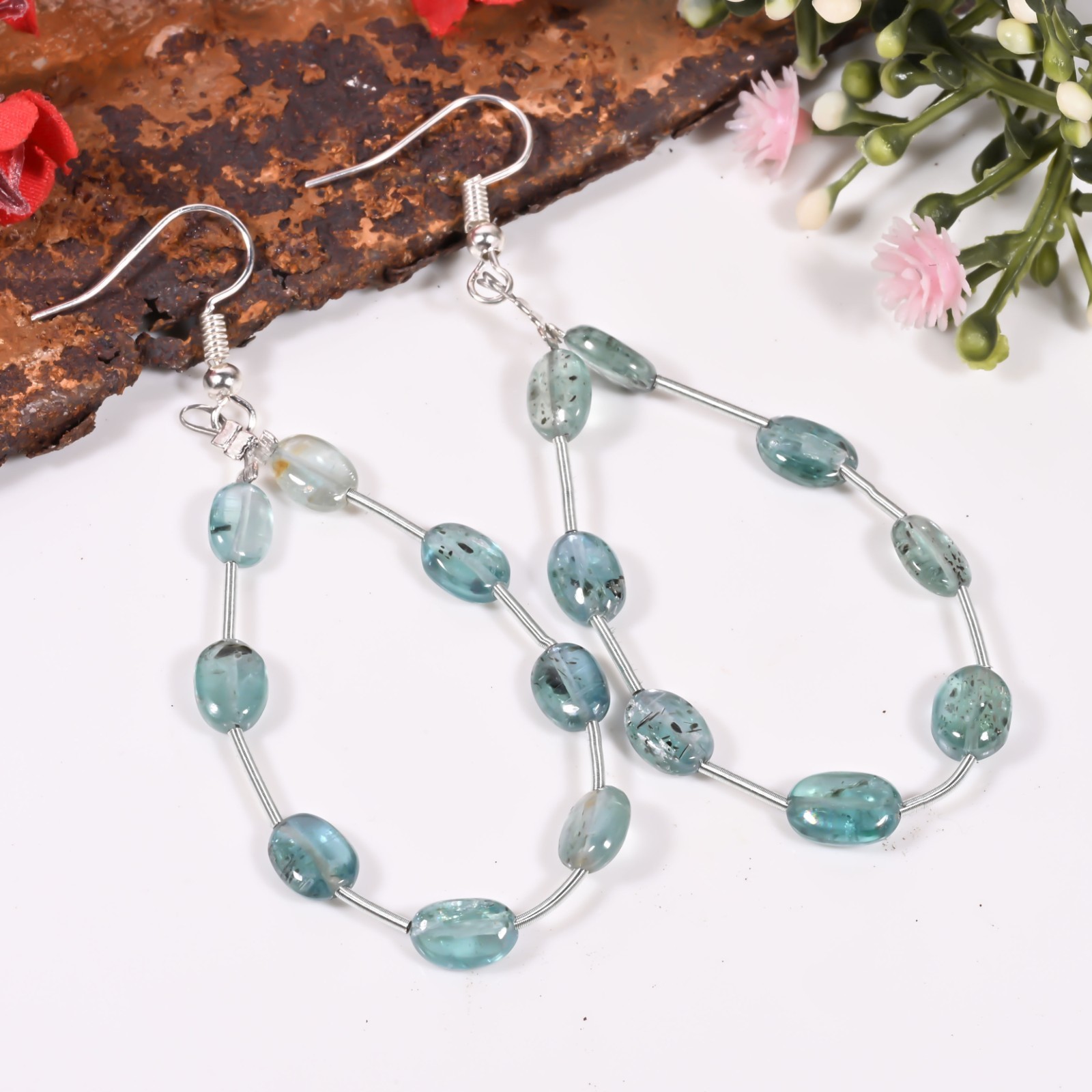 Natural Aqua Kyanite Oval Dangle Earrings Handmade Tumbled Gemstone