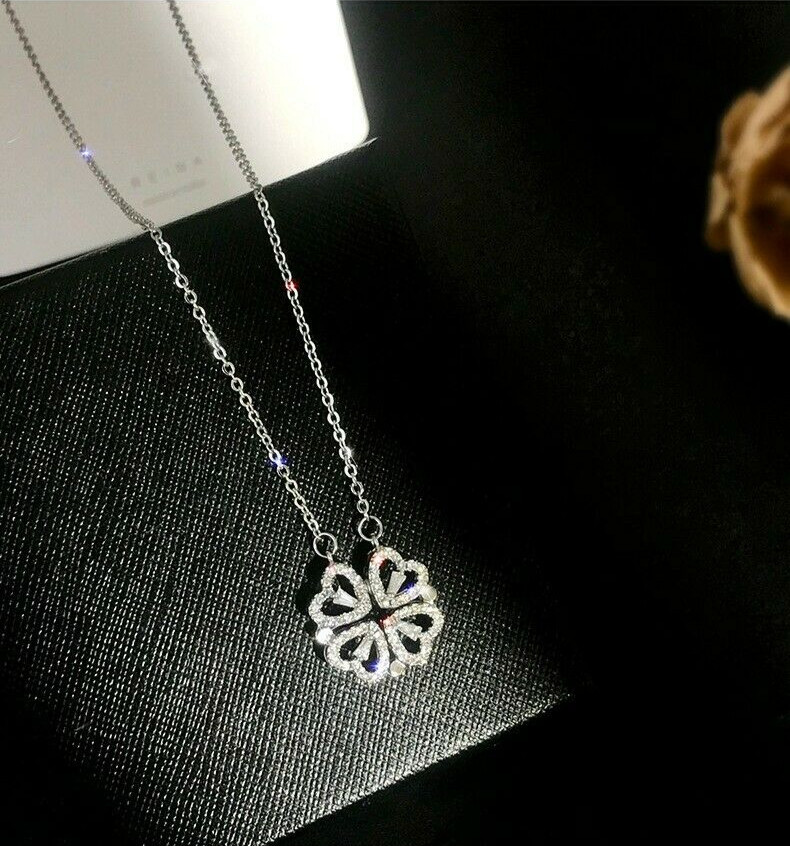 Fashion 925 Sterling Silver Love Heart Shaped Clover Magnetic Pendant Necklace