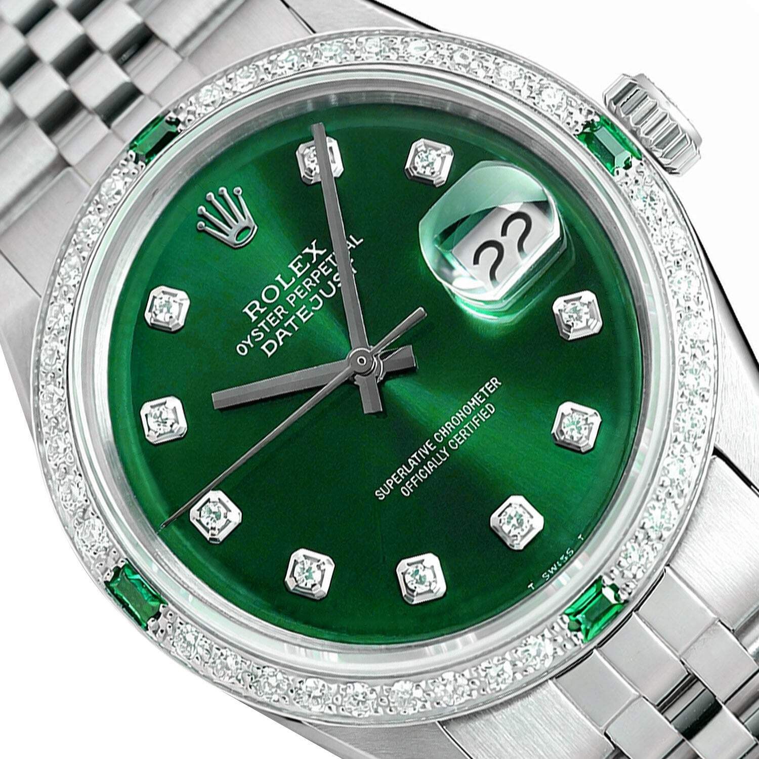 Rolex Datejust 1603 36mm Green Dial 18K White Gold Diamond Emerald Watch