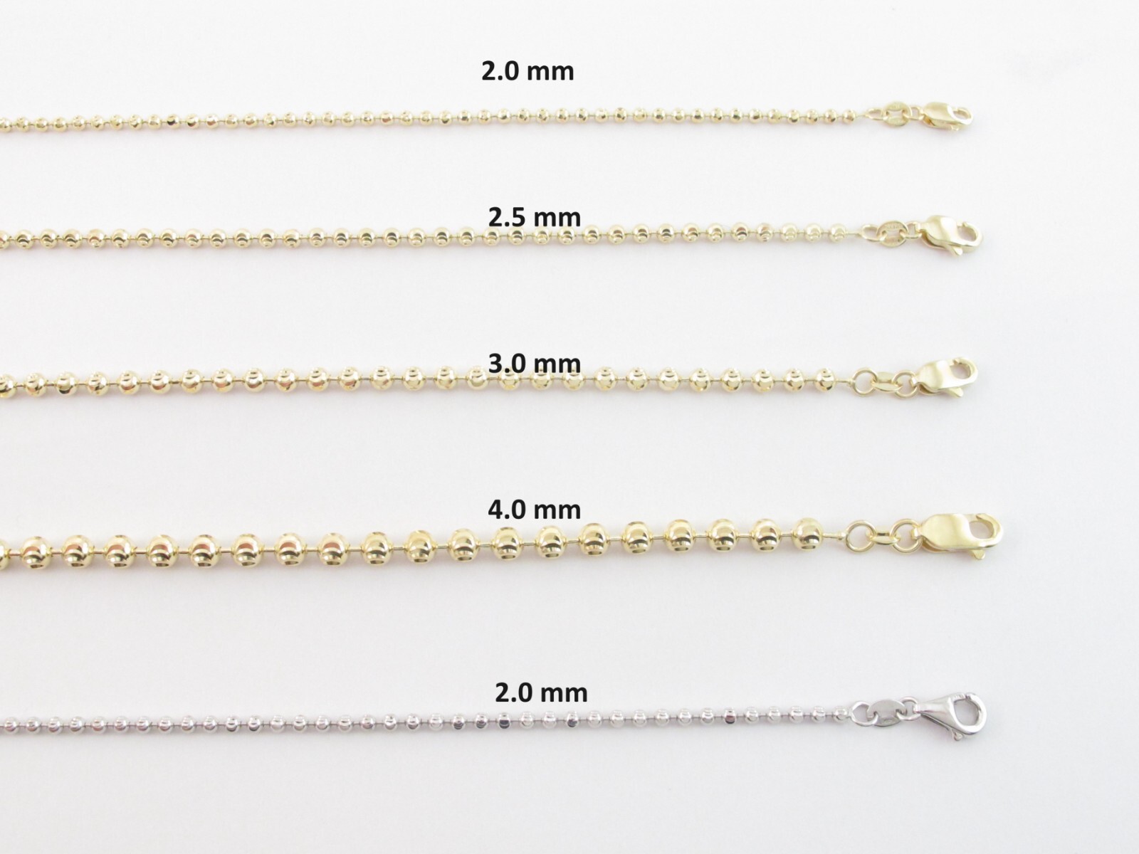 14k Gold Mooncut Ball Chain Necklace 16″, 18″, 20″, 22″, 24″- 2 To 4 MM
