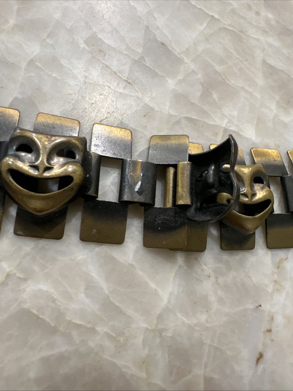 Vintage Brass Tone Comedy Tragedy Theater Mask Panel Bracelet MCM Unsigned